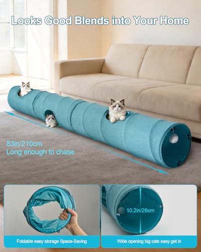 Image of Cat Tunnel, 3 Straight Shaped Tunnels 6 DIY Shapes with Wand Toys, No Noise Scratch Resistant Cool Linen Fabric, Interactive Pet Tunnel Tube for Indoor Cats, Puppy and Rabbits
