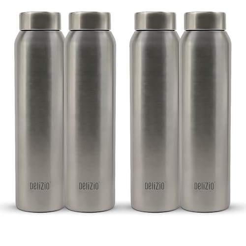 Image of KEMP DELIZIO Edition Stainless Steel Fridge Water Bottle 1000 ML | 1 L | Single Walled | Office | Gym | Travelling | Leak Proof LID | ECO Friendly | BPA Free | for Adult, Kids (Solo-4 Pack)