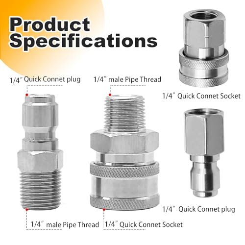 4Pcs 3/8 1/4 Inch Pressure Washer Coupler Set, NPT 3/8 1/4 Inch Quick Connect Fittings Male and Female Pressure Washer Adapter Kit Internal and External Threads for Pumps Ball Valves (1/4)