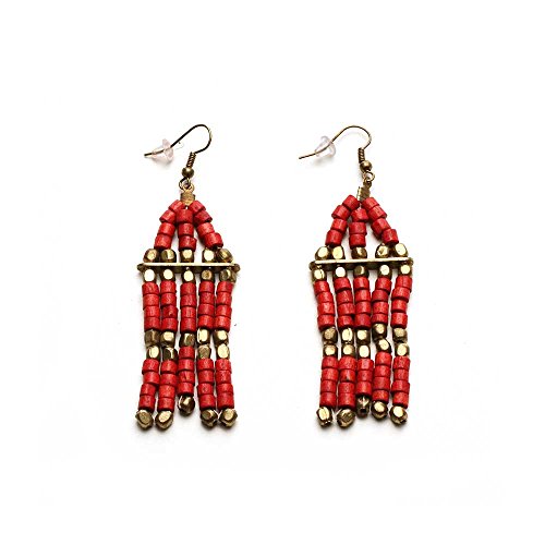 Looklove Women’s Jewelry Rustic Boho Fashion Style Red Bead Necklace (16" With 3" Extender) Earrings (3") And Stretch Bracelet Set #TOP4