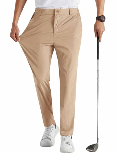 Runcati Mens Stretch Golf Pants Casual Slim Fit Cropped Tapered Dress Pants Elastic Waist Lightweight Trousers, Khaki, Small