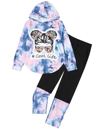 Image of Girls 2 Pcs Fall Winter Tie Dye & Leggings Outfits For Teens 5-14 | 2026 Girls Fashion Trendy, Long Sleeve Hoodie, Cool Life Print, Patchwork Pants, Back to School Holiday Tracksuit