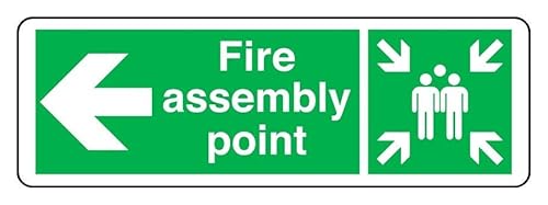 Fire Assembly Point arrow left - safety sign - 1.2mm Rigid plastic for indoor/outdoor usage (600mm x 200mm) Viewing Distance within 14m.