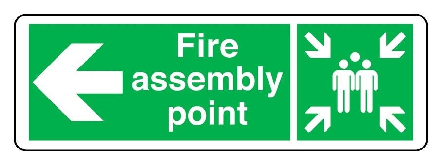 Fire Assembly Point arrow left - safety sign - 1.2mm Rigid plastic for indoor/outdoor usage (600mm x 200mm) Viewing Distance within 14m.