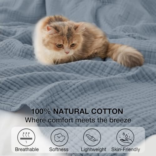 Image of Cotton Muslin Blankets for Adults, 6-Layer Large Throw, 50 x 70, Dusty Blue