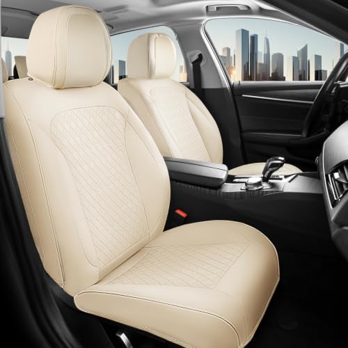 Image of Coverado Car Seat Covers for Front Seats, Leather Seat Covers for Cars, Waterproof Automotive Car Seat Protectors, Front Car Seat Cushions Driver Seat Covers Universal Fit for Most Cars, Beige