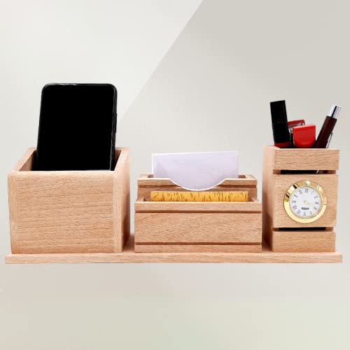 Image of WOOD HOUSE Pen Stand, Lightweight Office Use, Table Study, Wooden Stand with Holders (Stand With Clock)