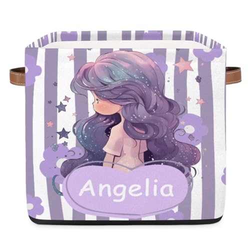 OMFUNS Beautiful Girl Personalized Storage Basket 13x13 Stripe Flower Custom Collapsible Cube Storage Bin Fabric Storage Box Organizing for Closet Shelf Home Nursery Toy Basket