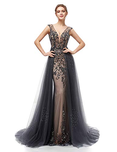 Sarahbridal Sequin Beaded V Neck Prom Dresses Long Mermaid Evening Ball Gown with Train Dark Grey US22