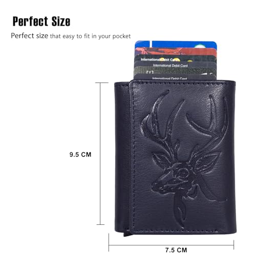 Image of Men's Genuine Leather RFID Wallet | Premium Slim Red Wallet for Men with Deer 3D Print | 8 Card Slots Secure and Durable Design Casual Stylish | Formal & Gifting Use, Blue and Silver