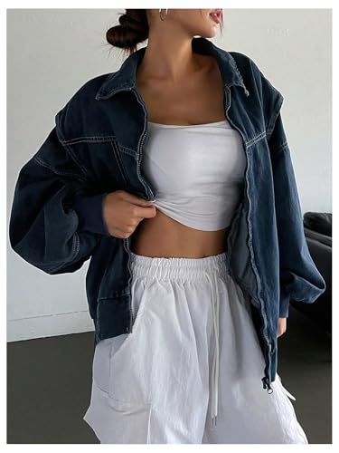 WDIRARA Women's Zip Up Denim Jacket Long Sleeve Oversized Jean Jacket Outerwear4