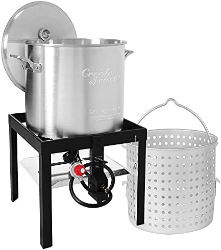 Creole Feast SBK0801 Seafood Boiling Kit with Strainer, Outdoor Aluminum Propane Gas Boiler with 10 PSI Regulator, Silver
