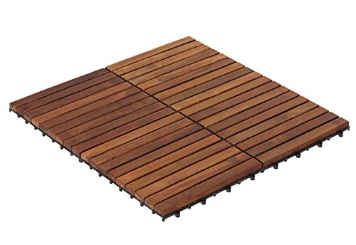 Image of Bare Decor EZ-Floor Interlocking Flooring Tiles in Solid Teak Wood Oiled Finish (Set of 10), Long 9 Slat