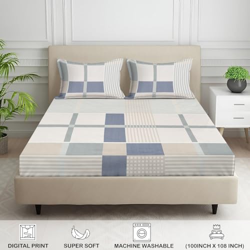 Image of Signature Digital Print Geometric Designs Super King Size Bedsheet - 108 x 108 inches | 100% Cotton-Feel Soft Fabric | Fade-Resistant Colors | 2 Matching Pillow Covers (Urban Linen Grid)