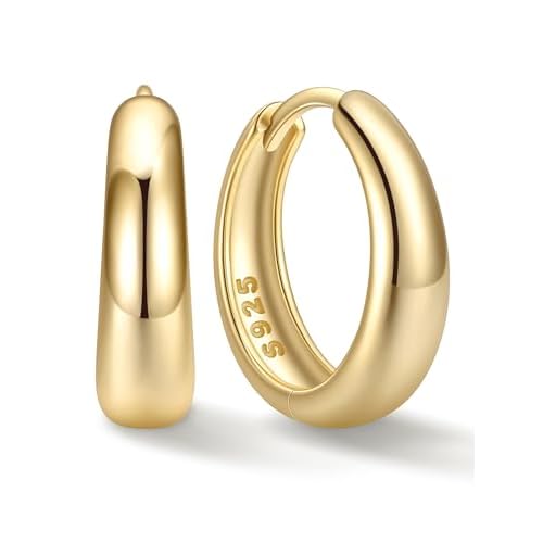 ChicSilver Solid 925 Sterling Silver Chunky Hoop Earrings for Women, Silver Small Thick Huggie Earrings Hypoallergenic Lightweight Silver Hoop Earring