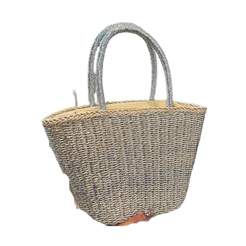 Bolso Paja 2024 Nuevo Bolso De Paja Tejido Popular Informal De Verano For Mujer Bolso De Cubo De Moda Simple De Nicho Bolso Paja Mujer(Silver)