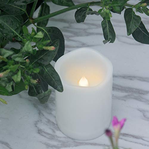 Image of CANDLE CHOICE Waterproof Outdoor Battery Operated Flameless Candles Remote Timer White Plastic Realistic Flickering Fake Electric LED Pillars Lantern Garden Wedding Christmas Decorations 3 inchx4 inch 6 Pack