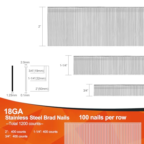 Image of PINOZE 18 Gauge Stainless Steel Brad Nails, 1200-Count (2 inch, 1-1 /4 inch, 3 /4 inch, 400 Per Size), 304 Stainless Steel Small Finishing Nail Gun Nails for Pneumatic, Electric Brad Nailer Gun