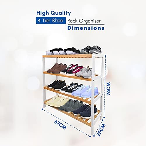 ACCURATE Bamboo Shoe Rack, Plant Rack, Perfect for Corridor, Living Room, Bathroom, Bedroom,Hallway or small spaces (Natural & White) (4 TIER)