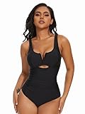 SHAPERIN Women Tummy Control One Piece Swimsuit Cutout High Waisted Bathing Suits Padded Push Up Swimwear Monokini Black S