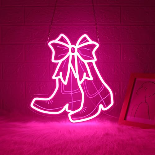 Image of Neon Sign, JGHTURIE Bow Boots Neon Signs for Wall Decor Pink Light Up Sign Preppy Girls Room Led Signs for Bar Party Shop Gift Decoration USB Powered