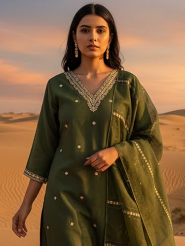 Image of INDO ERA Women's Viscose Self Design Straight Kurta with Pant & Dupatta Set