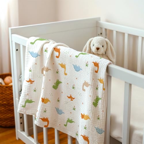 Image of Dinosaur Baby Blankets for Boys, Soft Nursery Minky Blankets with Muslin and Dotted Fleece Back 30x40 inches, Receiving Bed Quilt for Newborn, Infants, Toddlers