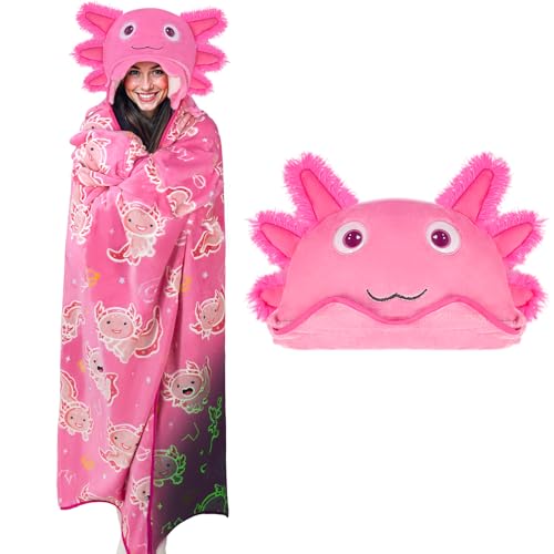 Axolotl Wearable Blanket Hoodie for Adults & Kids Glow in the Dark Hooded Blanket Soft Plush Flannel Oversized Pink Throw Wrap With Giant Hood Axolotl Gifts for Women Girls Birthday Christmas