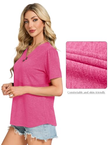 VUTRU Blouse for Women Tops Summer V Neck Puff Short Sleeve Henley Tshirts Tunic Boho Holiday Dressy Casual Plus Size, Rose Red M — view 5