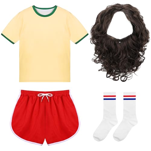 JcHrmers 4 Pcs Halloween Running Costume T-shirt Red Sports Short Socks Brown Wig and Beard for Men 70s Runner Cosplay (M)