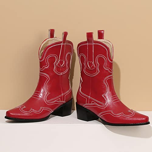 Image of Womens Embroidered Cowgirl Boots Pull On Cowboy Boots for Women Floral Low Chunky Heel Western Boots