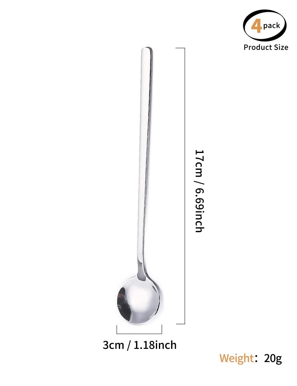 Lot de 4 cuillères à café en acier inoxydable argenté avec manche long de 17 cm