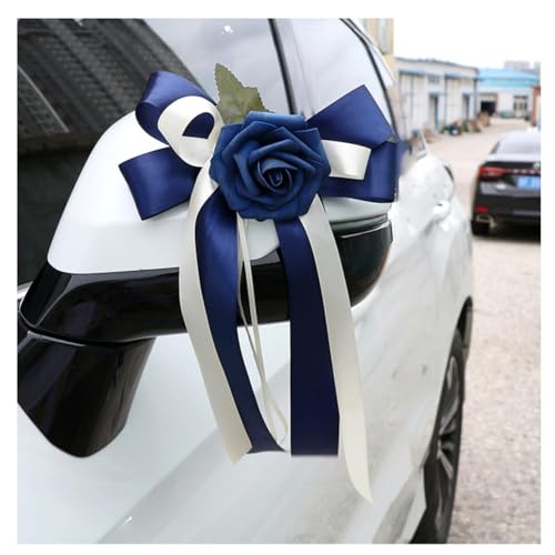 Pmnzdy 4 fiocchi per auto, fiori di seta, simulazione, fiocco, decorazione per auto, specchietto retrovisore, per matrimonio, per chiesa, auto, matrimonio, funerale, festa, blu