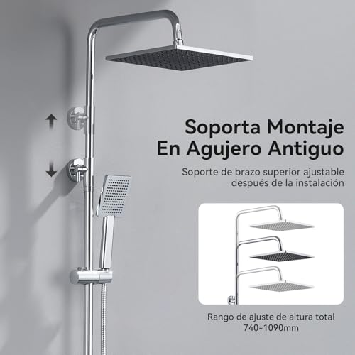 Miniatura 4 de Auralum Columna Ducha Sin Grifo Con Diversor De Latón, Rociador Ducha 25 25 Cm Cuadrado, Barra De Ducha Altura Regulable 74-109cm, Duchas De Baño Columna Compatible Con Orificios Existentes, Cromo