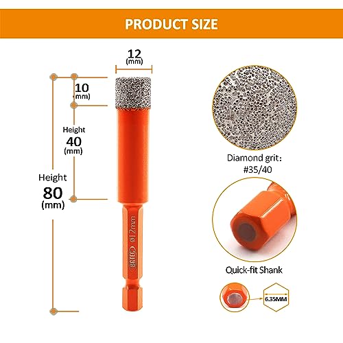 BGTEC Dry Diamond Drill Bits 2pcs 12mm with Quick Change Hex Shank for Granite Marble Porcelain Tile Ceramic 2 BGTEC Dry Diamond Drill Bits 2pcs 12mm with Quick Change Hex Shank for Granite Marble Porcelain Tile Ceramic - Image 2