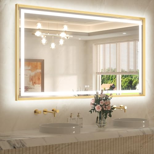 TETOTE 60 x 36 Bathroom Mirror Brushed Gold Metal Frame Frontlit & Backlit Vanity Mirror 3 Colors White/Warm/Natural Stepless Dimmable Anti-Fog Bathroom Mirrors for Vanity Wall-Mounted
