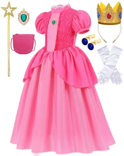Miulruma Princess Costume Kids Pink Princess Dress for Girls Dress Set with Crown Wand Bag Gloves Earrings Character Inspired Royal Dress Up Outfit MA166M