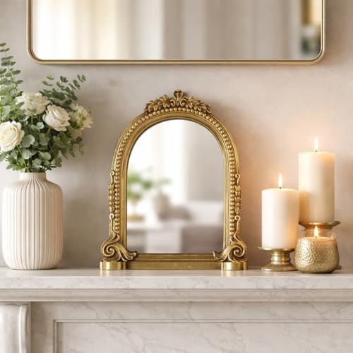 Arched Table Top Mirror with Ornate Frame for Vanity Decor - Small Desk Mirror for Makeup, Bedroom, or Bathroom Accent - Vintage Inspired Accent for Office or Home Decor - 9", Gold & Clear