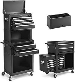 ERGOMASTER Rolling Tool Chest - Removable Top Box Large Bottom Cabinet with Casters and Lock System Tool-Box - Heighten 6-Drawer Black