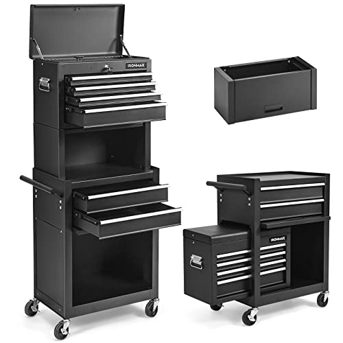 ERGOMASTER Rolling Tool Chest - Removable Top Box Large Bottom Cabinet with Casters and Lock System Tool-Box - Heighten 6-Drawer Black