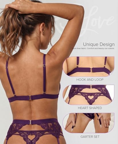 Image of RSLOVE Women Lingerie Set with Garter Belt | Heart Cutout Lace Design, Adjustable Fit, Soft Stretch Fabric, 3 Piece Romantic Lingerie Set