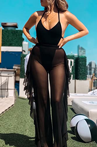 Jumppmile Women's Ruffle Sheer Mesh Swimwear Bikini Cover Up Pants See Through2