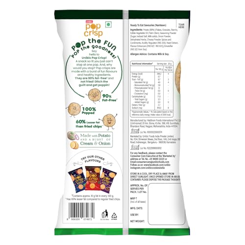 Image of UNIBIC Pop Crisp I Potato Chips I Cream & Onion I Popped Chips I Not Baked Not Fried |90% Fat Free | Low Calorie | Healthy Snacks I 40 Grams