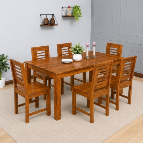 Image of Solid Sheesham Wood 6 Seater Dining Table Set with 6 Chairs, Teak Finish, Wooden Dining Set for Home & Kitchen, Basic Assembly Required