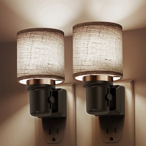 Image of L LOHAS LED Night Lights Plug into Wall, 2 Pack Linen Fabric Cylinder Decor Night Light, Dusk to Dawn Sensor Vintage Nightlight, 5000K Daylight 0-100LM Dimmable, for Bedroom Living Room Hallway