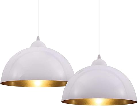 BAKAJI Coppia Lampadari Sospensione Design Moderno Industriale Porta Lampada in Metallo Diametro 30cm Lunghezza 130cm Cavo Regolabile Lampadina E27 Max 60W Lampadario Illuminazione Casa (Bianco e Oro)