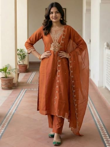 Image of INDO ERA Women's Silk Blend Embroidered Straight Kurta Pant with Dupatta Set
