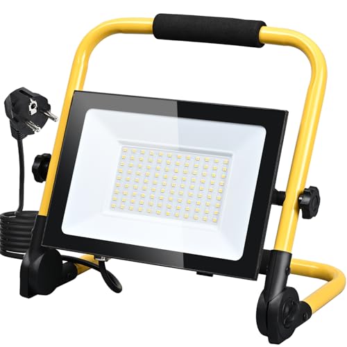 Led Baustrahler 100W 3000K 8500LM Warmweiß, Led Arbeitsleuchte mit Stecker, IP66 Wasserdicht Baustellenlampe mit Stativ und 3 Meter Kabel für Baustelle, Garage, Werkstatt, Sportplatz
