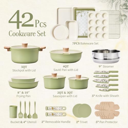 Image of CAROTE 42pcs Ceramic Cookware Set, Pots and Pans Set with Detachable Handle | Baking Pans Set, Knife Set, Non Stick, Induction Compatible, Dishwasher&Oven Safe, Space Saving, for Kitchen /RV /Camping Green