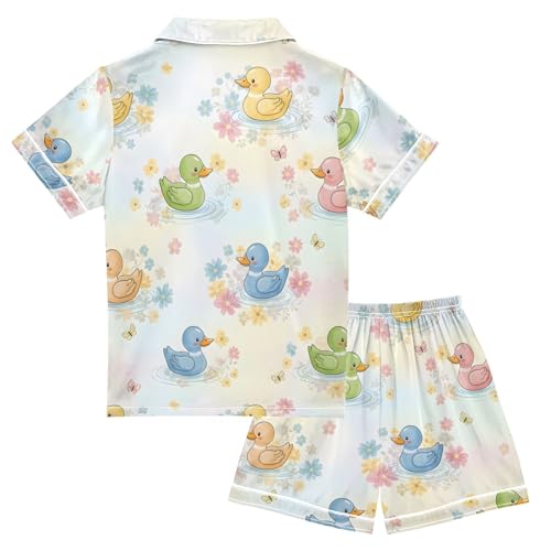 Satin Pajama Sets Short Sleeve Ducks Flowers Butterflies Button Down Silky Nightwear 2 Piece PJS 5-14Y2